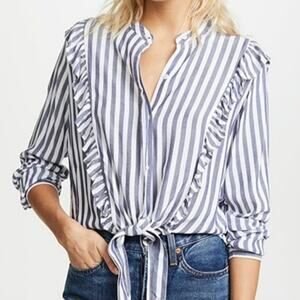 Rails Blue White Stripe Ruffle Tie Waist Long Sleeve Button Down Shirt M Chic